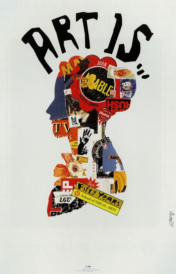Posters depicts: Female bust silhouette, against a white background, made up of colorful collage materials. Text floats above her head in black.