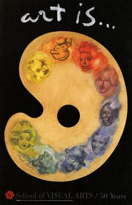 Posters depicts: Painting of a palette with a rainbow of paint against a black background; the head of an iconic figure is visible in every different circle of color.