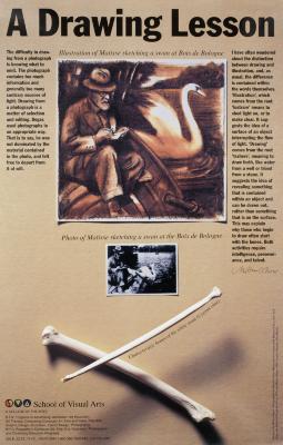 Posters depicts: Photo of a page of text, also containing an illustration of Matisse drawing a swan, the corresponding photograph, and swan bones.