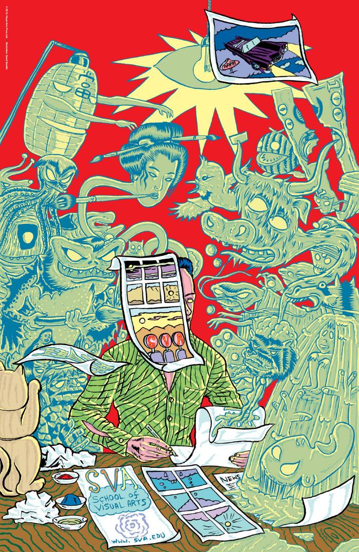 Posters depicts: Colorful illustration of a male cartoonist surrounded by green ghosts against a red background.