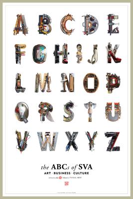 Posters depicts: The english alphabet arranged in a grid-like pattern; letters are collaged together from various objects including art supplies and mannequin parts.