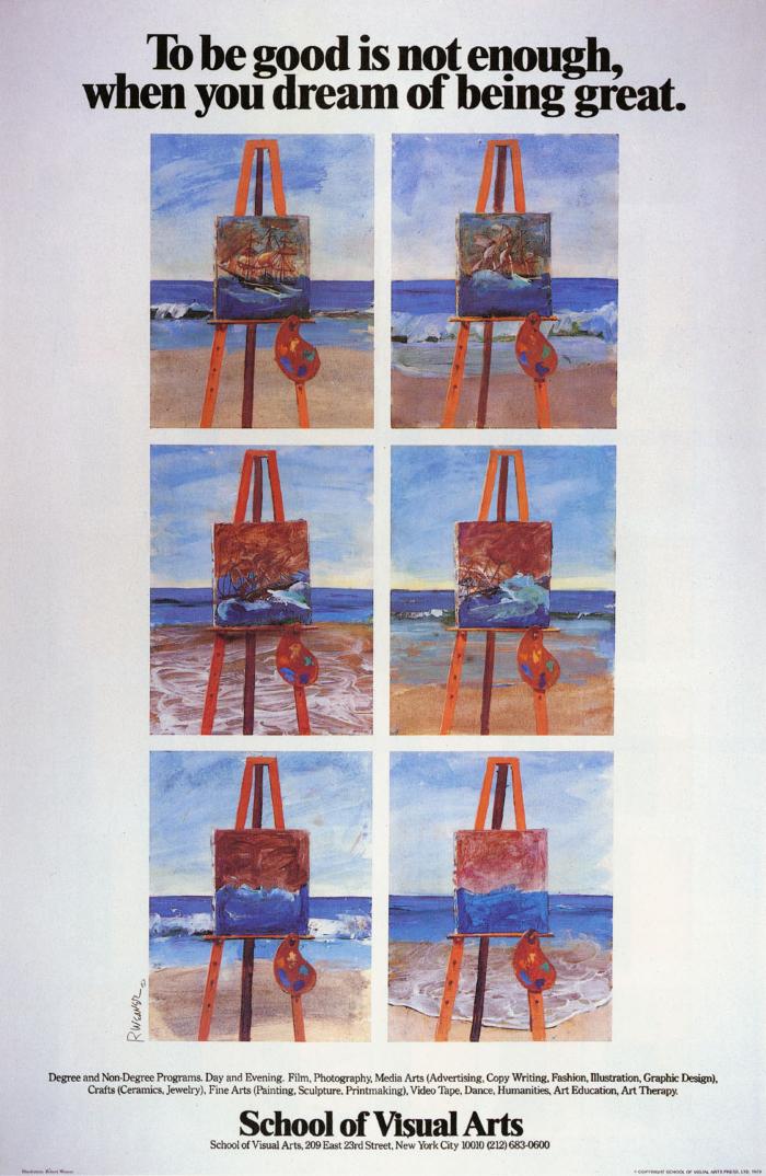 Posters depicts: Color illustration of a grid of seemingly identical portraits of ships on easels on a beach, save for the boat sinking more in every frame, and the tides coming in and out.