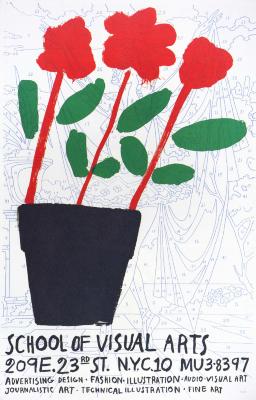 Posters depicts: A simple geometric flowerpot with red flowers on red stems and green leaves against a blank color-by-numbers sheet of a ballerina.