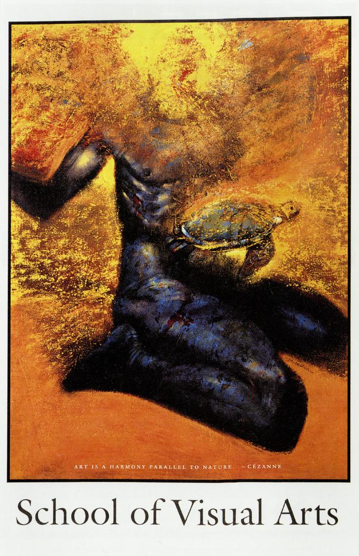Posters depicts: Painting of a dark blue, headless male figure against an orange and gold background; a turtle is visible floating above his lap.