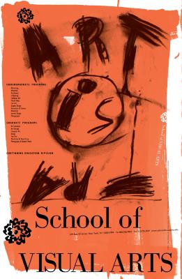 Posters depicts: Large, rough, handwritten text and small typed text against an orange background.