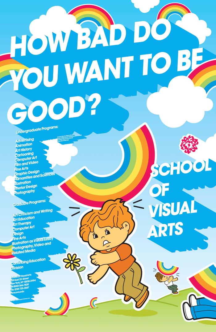 Posters depicts: Colorful cartoon illustration of children in a meadow getting hit by falling rainbows. Text appears three dimensional, white against the blue sky.
