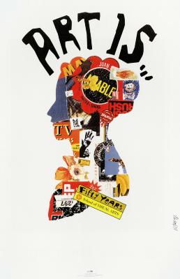 Posters depicts: Female bust silhouette, against a white background, made up of colorful collage materials. Text floats above her head in black.