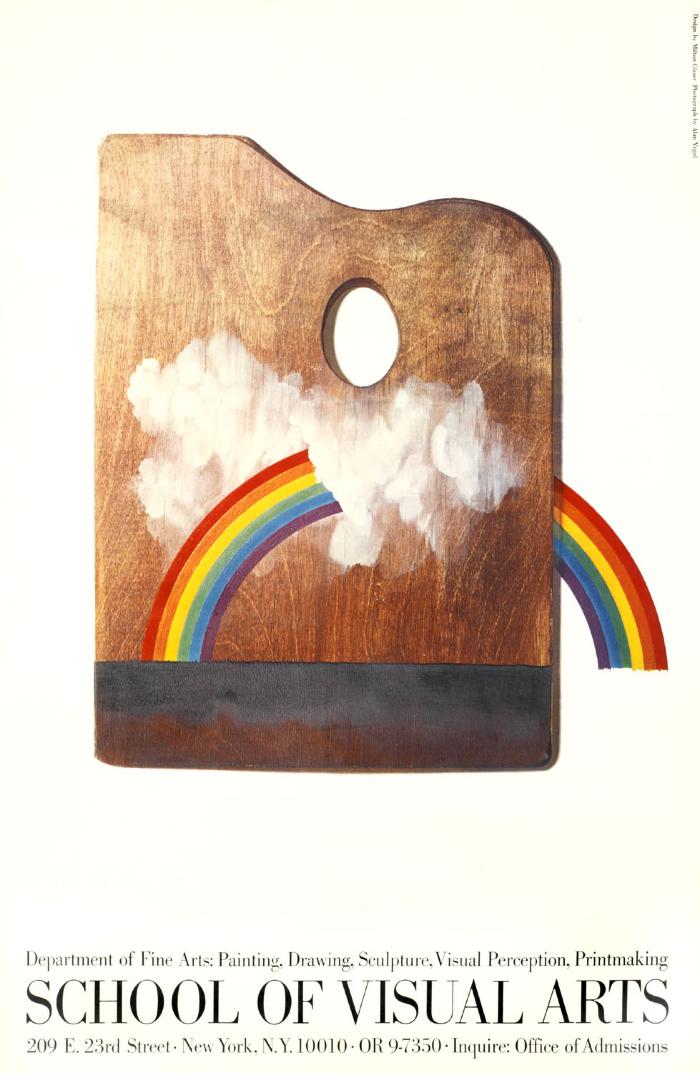 Posters depicts: Illustration of a painting palette with a rainbow and clouds running through it.