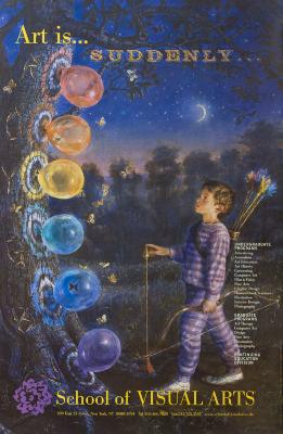 Posters depicts: Realistic illustration of a boy in pajamas, holding archery equipment, looking at a tree with a rainbow of targets painted on them. Balloons are attached to the center of each target.