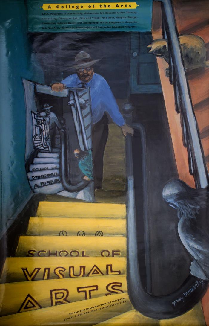 Posters depicts: Color painting of a man and a cat looking down a staircase to see a man holding a poster of an identical scene.