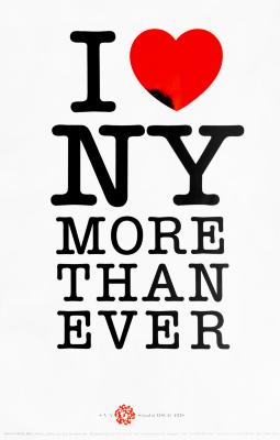 Posters depicts: Black and red text in a typewriter font against white background; text reads "I (heart icon) NY more than ever."
