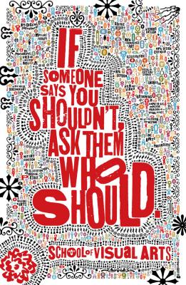 Posters depicts: Text appears in red, surrounded by colorful icons the form tiny human shapes against a white background.