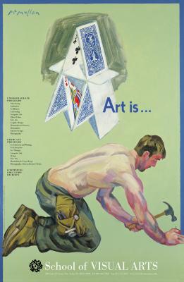 Posters depicts: Painting of a shirtless man hammering in a nail on the ground; above him is a stacks of playing cards against a green background.