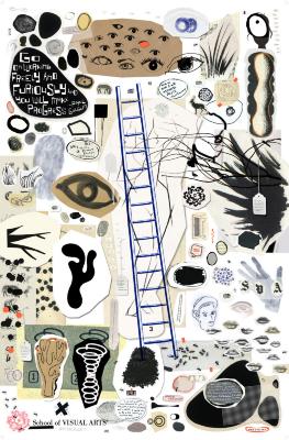 Posters depicts: Collage and illustration of various objects including eyeballs, a blue-ink ladder, ants, and textures against a white background.