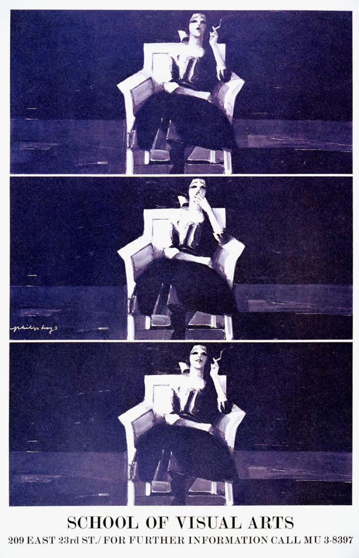 Posters depicts: Trisected image; each box contains a blue illustration of a different motion of a seated woman smoking a cigarette.