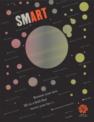Posters depicts: Collection of colorful circles against a black background; text is in grey and white, oriented diagonally, and instances of the letters "art" appear in orange.
