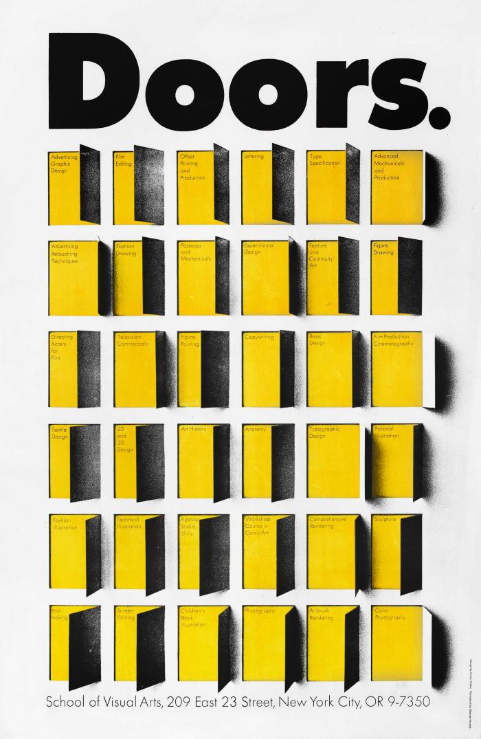 Posters depicts: Illustration of a grid of yellow and black doors, each open to reveal a major of SVA (circa 1967)