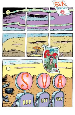 Programs depicts: Surreal, colorful comic involving a man and ghosts at a gas station. His car appears to be floating on a cloud in the sky.