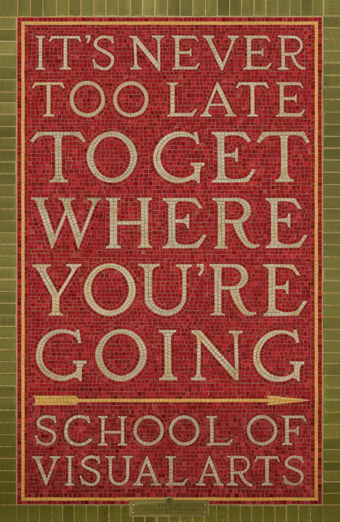 Posters depicts: Text against a red background with a green border, broken up by a yellow arrow; all is made up of mosaic tiles.