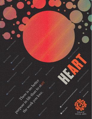 Posters depicts: Collection of red circles against a black background; text is in grey and white, oriented diagonally. Instances of the letters "art" appear in orange.