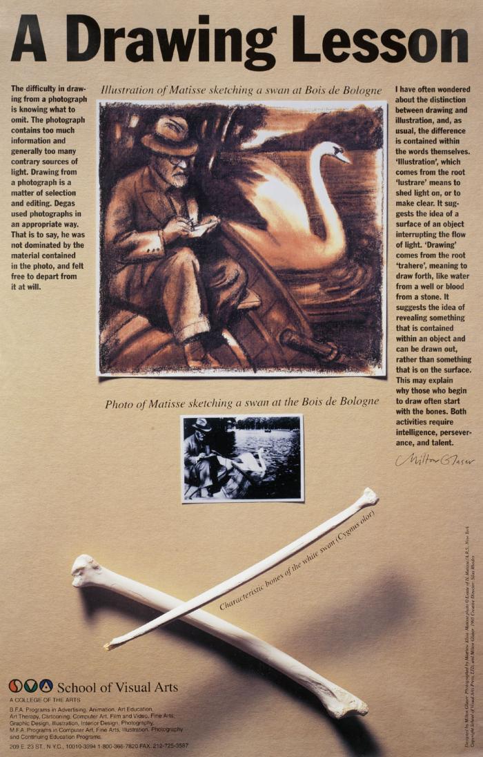 Posters depicts: Photo of a page of text, also containing an illustration of Matisse drawing a swan, the corresponding photograph, and swan bones.