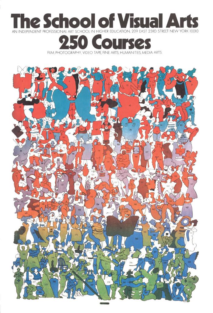 Posters depicts: Cartoonish, colorful illustration of 250 small, unique costumed and nude figures.