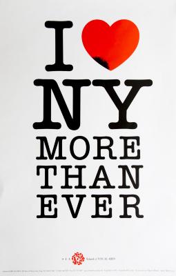 Posters depicts: Black and red text in a typewriter font against white background; text reads "I (heart icon) NY more than ever."