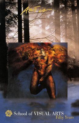 Posters depicts: A square painting, depicting a angelic male figure, placed in a misty forest.