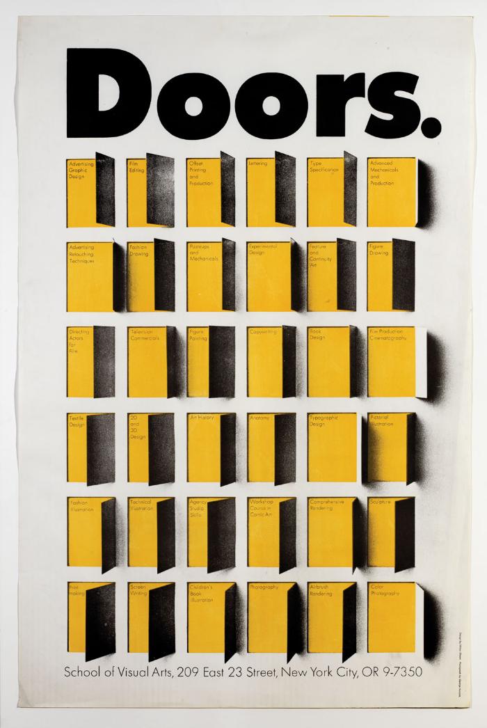Posters depicts: Illustration of a grid of yellow and black doors, each open to reveal a major of SVA (circa 1967)