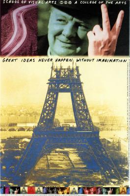 Posters depicts: Arrangement of images on top of each other; from left to right, a red tinted photo of a road, a green tinted photo of a man's face, and a large yellow-tinted photo of the Eiffel tower.