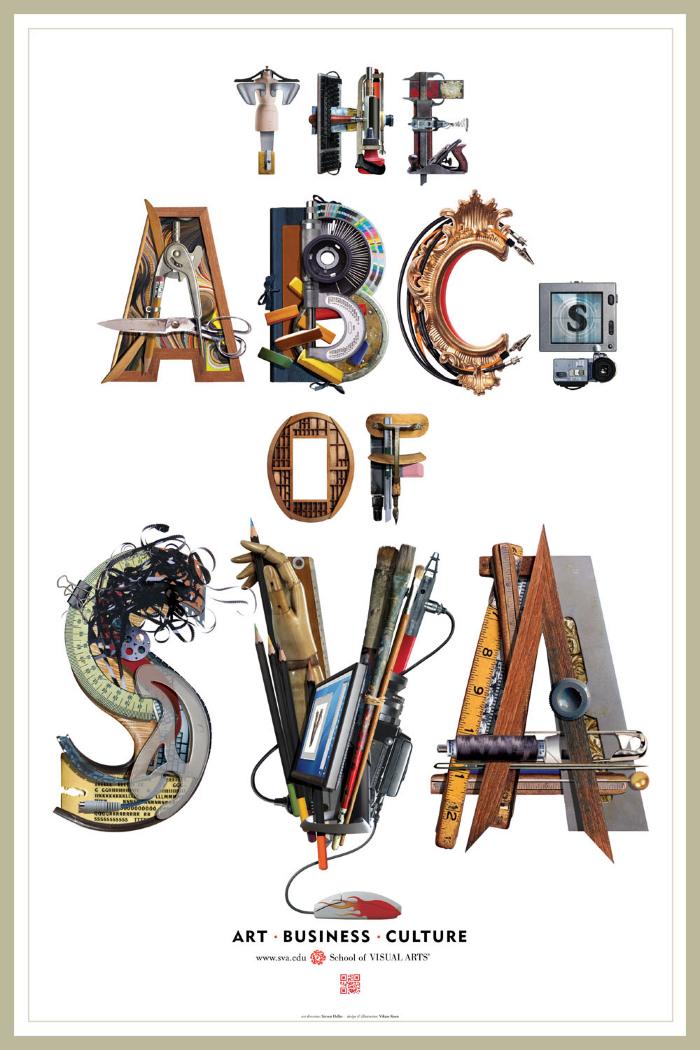 Posters depicts: Text against a white background; letters are collaged together from various objects including art supplies and mannequin parts.