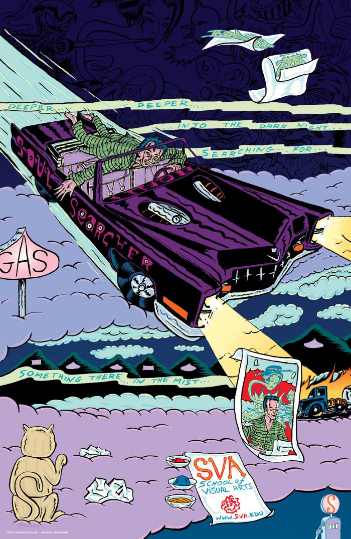Posters depicts: Colorful, surreal illustration of a man driving his car through the sky.