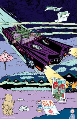 Posters depicts: Colorful, surreal illustration of a man driving his car through the sky.