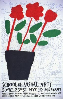 Posters depicts: A simple geometric flowerpot with red flowers on red stems and green leaves against a blank color-by-numbers sheet of a ballerina.