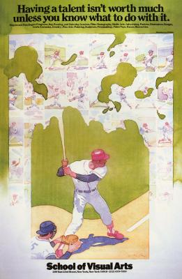 Posters depicts: Watercolor painting of a baseball player standing at bat, against a small grid of baseball scenes.