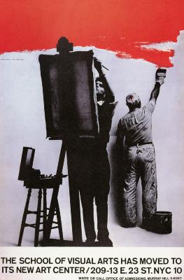 Posters depicts: Black and white photograph of one man, facing the viewer and painting on an easel; a second man faces away from the viewer and paints the wall bright red.