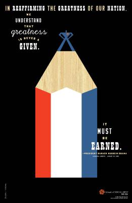 Posters depicts: Graphic of a red white and blue pencil against a black background; the shadow of the lead tip makes up a small person standing proudly.