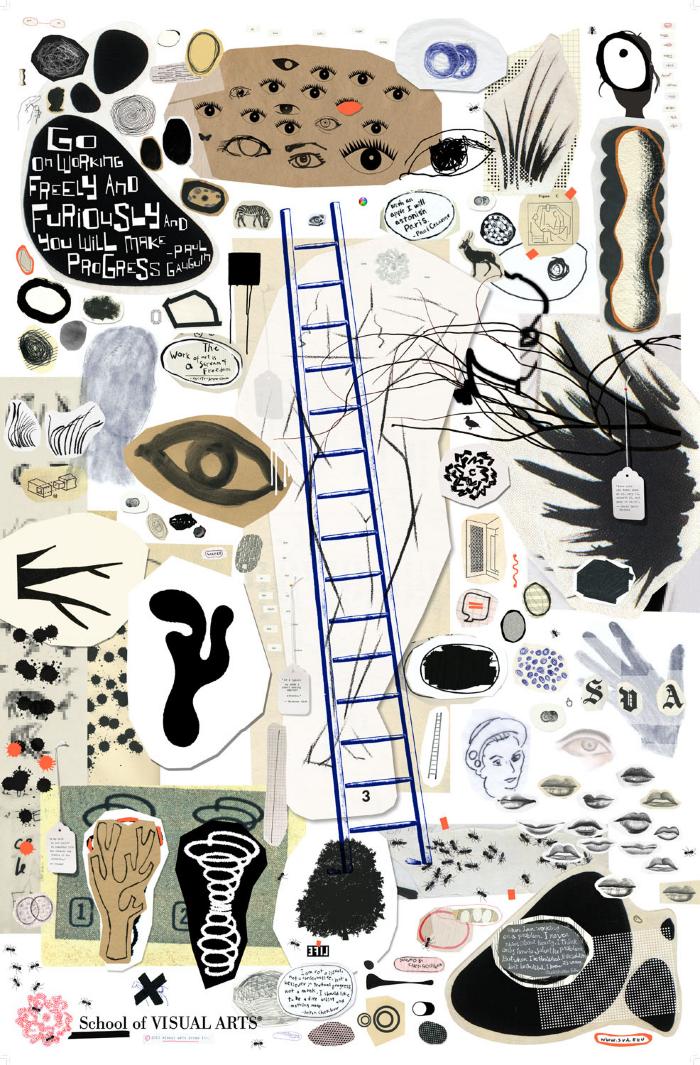 Posters depicts: Collage and illustration of various objects including eyeballs, a blue-ink ladder, ants, and textures against a white background.