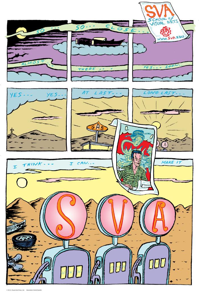 Programs depicts: Surreal, colorful comic involving a man and ghosts at a gas station. His car appears to be floating on a cloud in the sky.