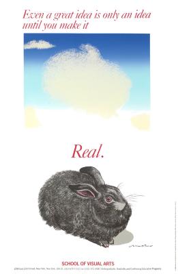 Posters depicts: Detailed illustration of a black rabbit underneath a stylized illustration of clouds in a blue sky.