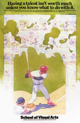 Posters depicts: Watercolor painting of a baseball player standing at bat, against a small grid of baseball scenes.