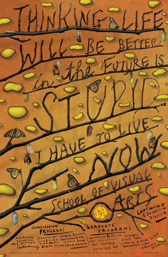Posters depicts: Text made up of diagonal tree branches, surrounded by monarch butterflies, against an orange background.