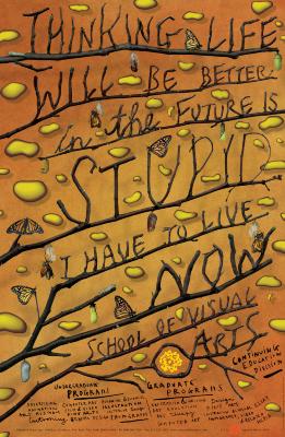 Posters depicts: Text made up of diagonal tree branches, surrounded by monarch butterflies, against an orange background.