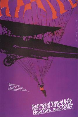 Posters depicts: Purple and red illustration of someone parachuting out of a 1900s airplane.