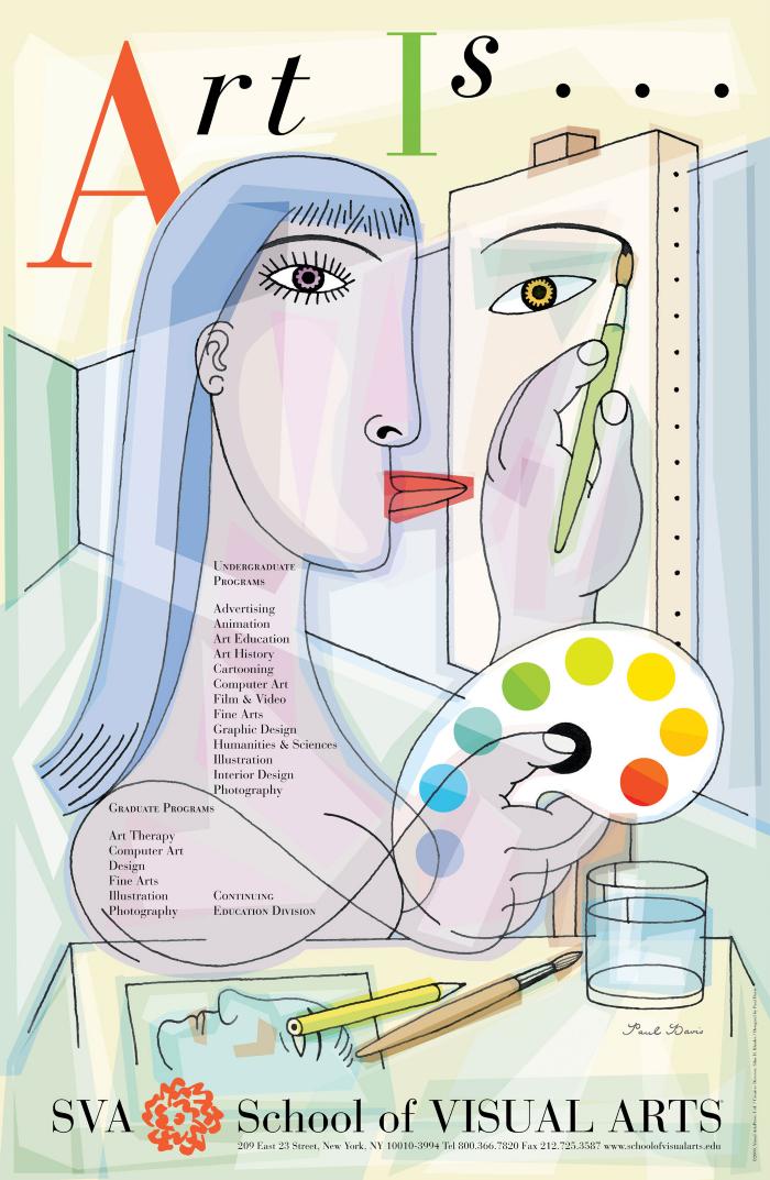 Posters depicts: A pale, Picasso-esque illustration of a female artist painting a picture.