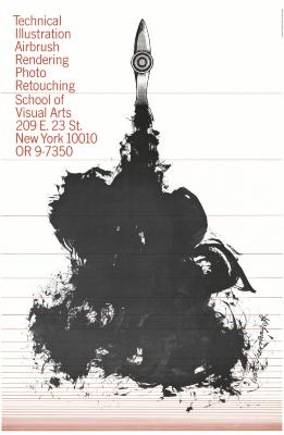 Posters depicts: A drawing of the nib of a ruling pen with ink coming out in messy blotches and swirls suggesting a rocket taking off and its exhaust, against a background of thin, horizontal red lines increasingly closer together toward the bottom of the poster.
