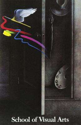 Posters depicts: Primarily black and white illustration of a closet, the door open slightly as a colorful paintbrush flies out of it on wings.