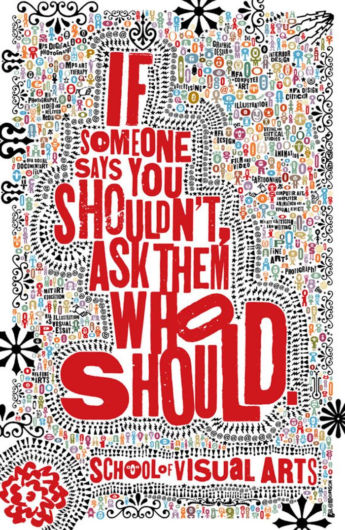 Posters depicts: Text appears in red, surrounded by colorful icons the form tiny human shapes against a white background.