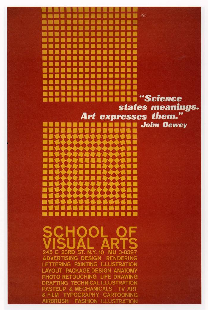 Posters depicts: Two yellow grids against a red background; one is normal, but the other has blocks twisted slightly to create a spiraling effect. Text is in yellow.