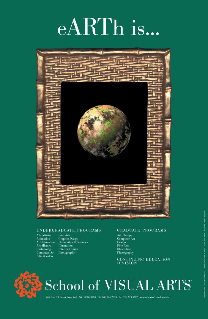 Posters depicts: The earth in space, surrounded by a golden frame against a green background.
